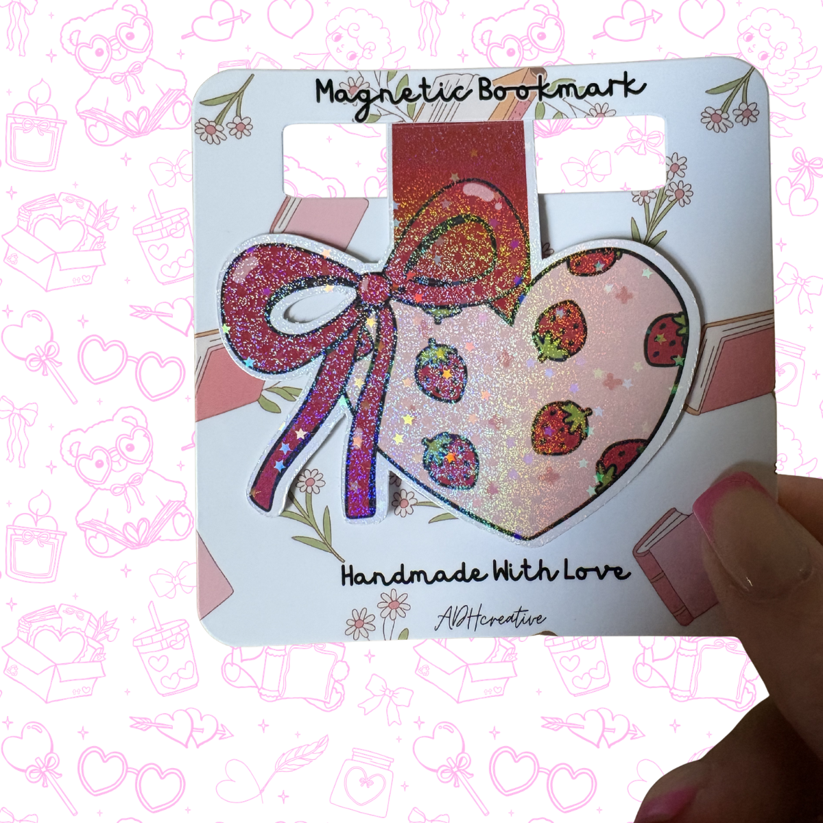 Strawberry Heart Bow Glitter Magnetic Bookmark