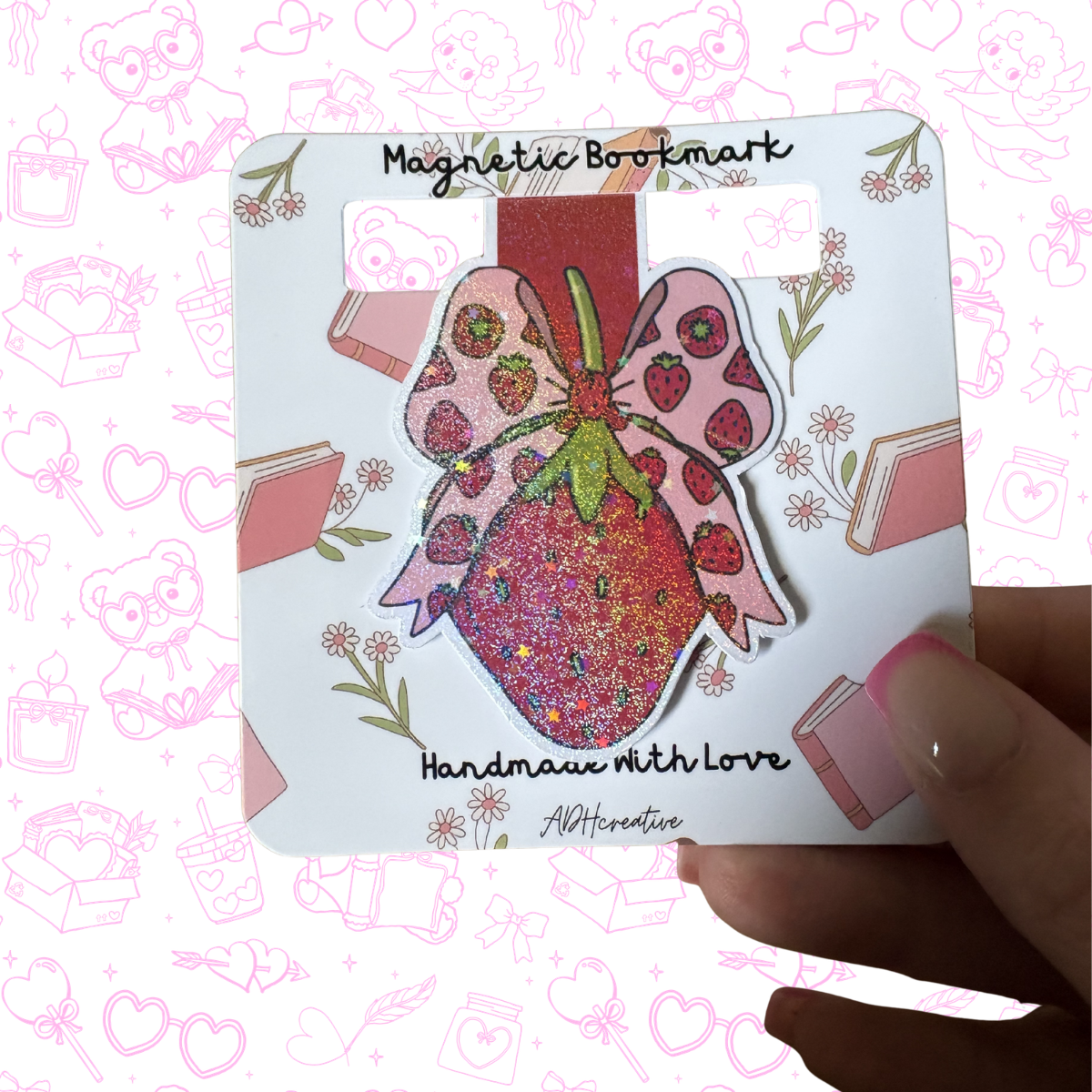 Strawberry Bow Glitter Magnetic Bookmark