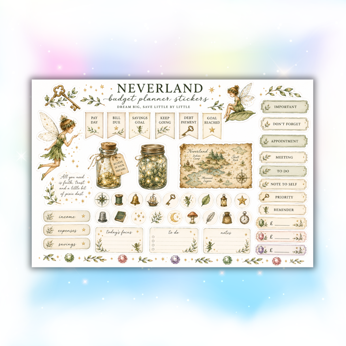 Neverland Budget Planner Sticker Sheet | A4 | 2 Sheet Pack