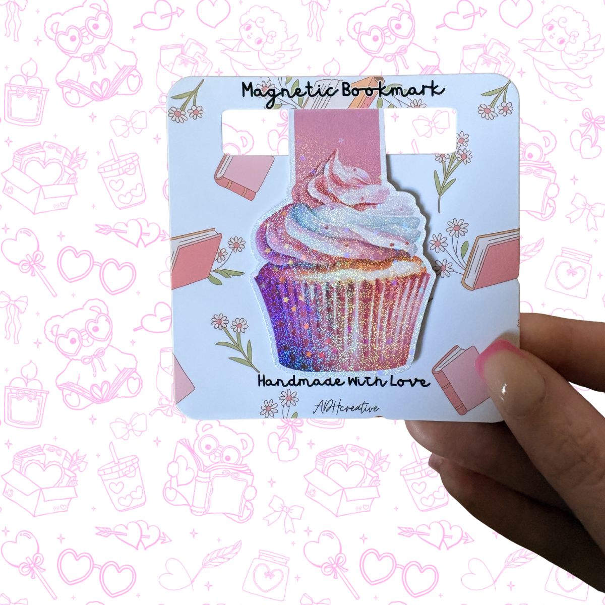 Rainbow Holographic Cupcake Glitter Magnetic Bookmark