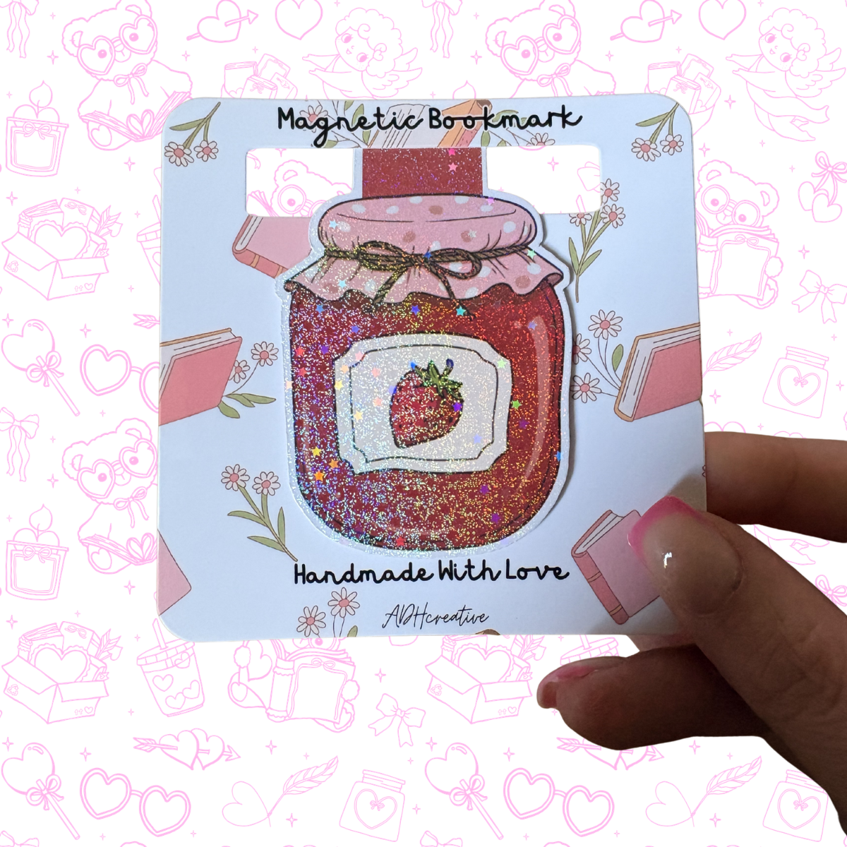 Strawberry Jam Jar Glitter Magnetic Bookmark