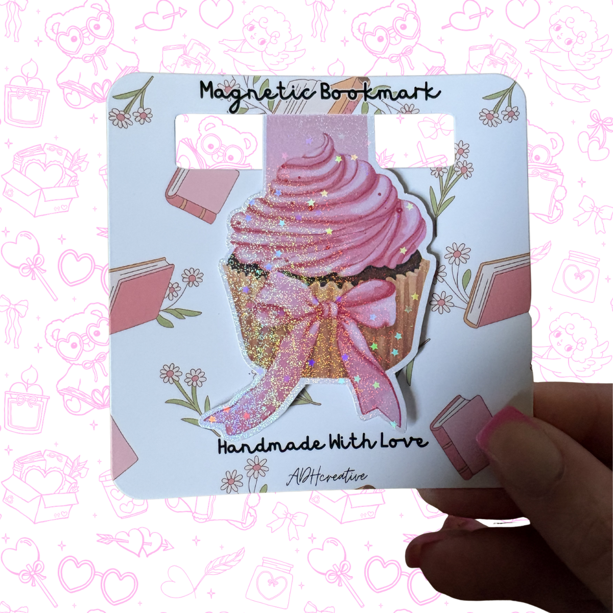 Pink Bow Cupcake Glitter Magnetic Bookmark